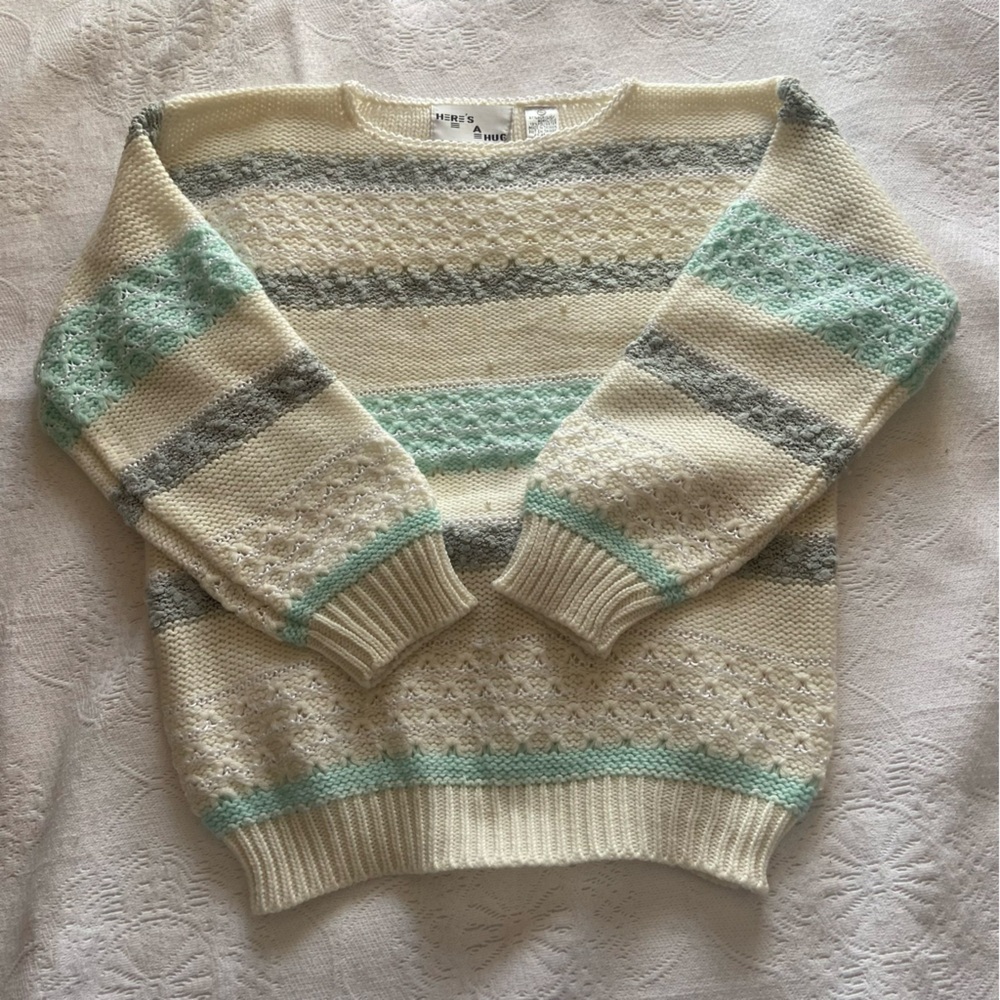 Vintage Cream and Blue Sweater with Baby Pearls